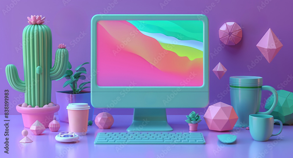 a blue computer with a colorful screen, a keyboard, a mouse, a coffee cup, a cactus, a plant, and some other objects. a blue computer with a colorful screen, a keyboard, a mouse, a coffee cup, a cactus, a plant, and some other objects.
