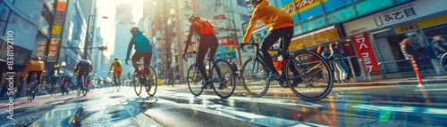 Cyclists in colorful outfits biking in a city setting, vibrant hues, realistic, sunny day, detailed cityscape, dynamic 8K , high-resolution, ultra HD,up32K HD