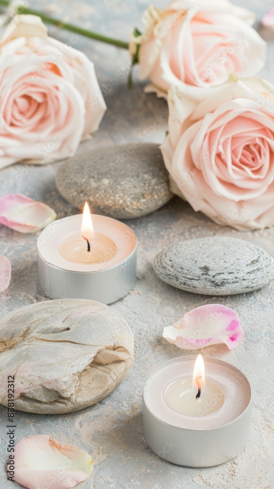 A group of light beige candles with pebbles and roses on a white table against a grey wall, in the style of a spa concept, with a minimalist style and beautiful composition. A group of light beige candles with pebbles and roses on a white table against a grey wall, in the style of a spa concept, with a minimalist style and beautiful composition.