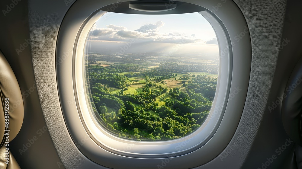 A business-class airplane seat with a window view of a lush green landscape selective focus on the scenery nature theme realistic Blend mode Countryside backdrop A business-class airplane seat with a window view of a lush green landscape selective focus on the scenery nature theme realistic Blend mode Countryside backdrop