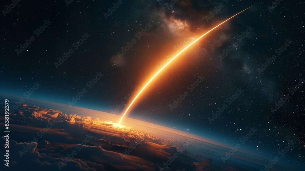 A nighttime rocket launch with a bright trail of light close up on the light trail celestial theme surreal Blend mode Night sky backdrop. realistically A nighttime rocket launch with a bright trail of light close up on the light trail celestial theme surreal Blend mode Night sky backdrop. realistically