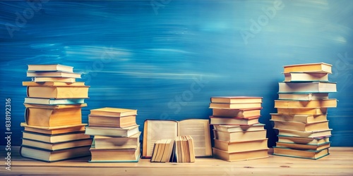 Piles of books against a blue backdrop symbolizing reading  writing and education