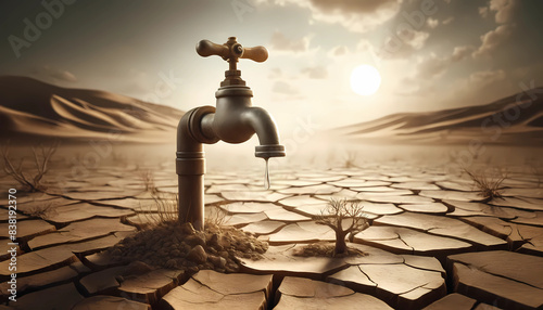  Amidst a dry and cracked desert, a water tap serves as a stark reminder of water scarcity and climate change's impact