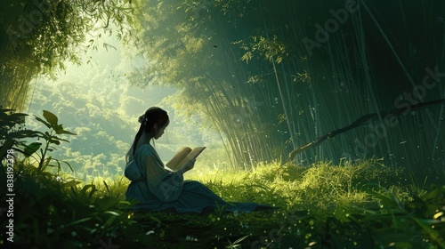 Serene Bamboo Forest: Gypsy Woman Sketching in Nature Journal