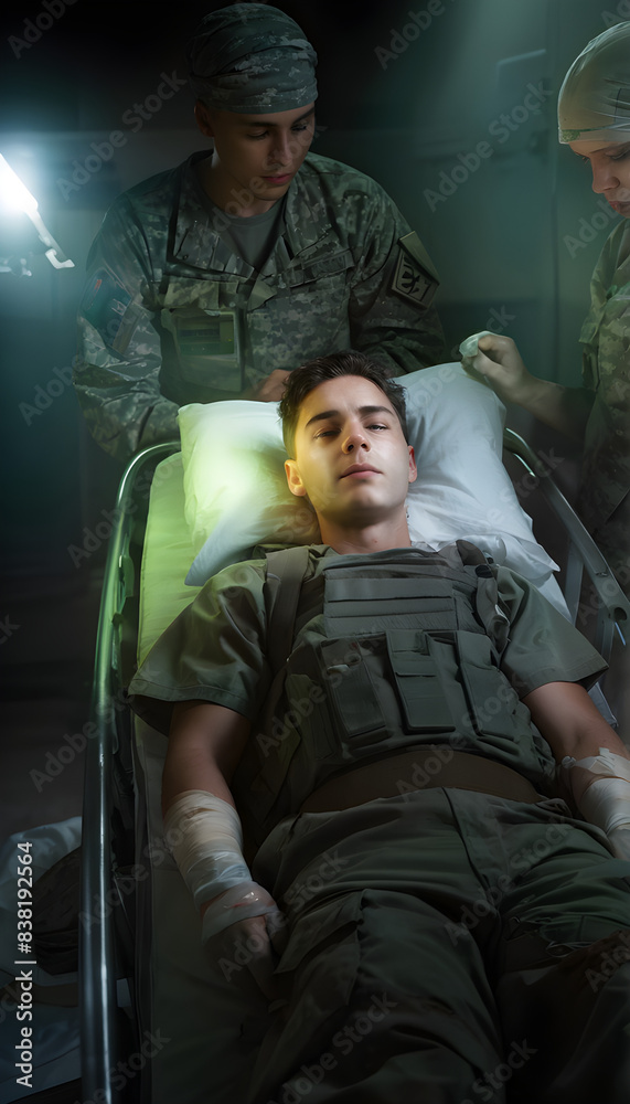 Injured Military Army Combat Soldier with bandages lying in hospital bed Service Welfare Healthcare Medical Treatment Concept Injured Military Army Combat Soldier with bandages lying in hospital bed Service Welfare Healthcare Medical Treatment Concept