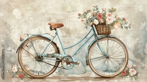 A blue bicycle with a basket full of flowers © LOMOSONIC
