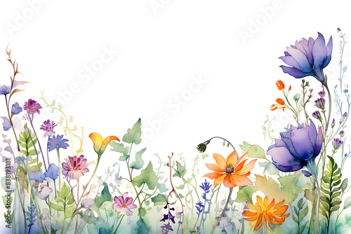 watercolor wildflowers and green leaves hanging down border  purple orange blue pink yellow colors  white background