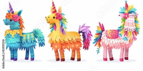 Children's Mexican pinata at a birthday party. Mexico carnival holiday with funny candy prize decoration. Isolated paper handcraft piata for kids design elements. photo