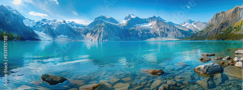 lake and mountains in British Columbia, Canada, turquoise water with rocks at the bottom of mountain range