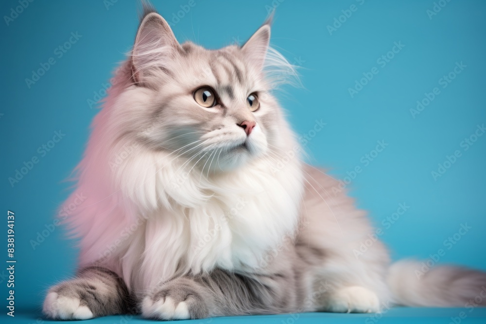 Portrait of a happy siberian cat in pastel or soft colors background