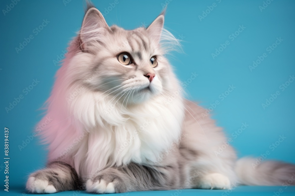 Portrait of a happy siberian cat in pastel or soft colors background Portrait of a happy siberian cat in pastel or soft colors background