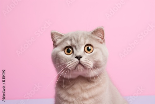 Portrait of a curious scottish fold cat while standing against pastel or soft colors background