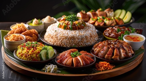 Traditional Southeast Asian dishes to celebrate Eid al-Fitr, featuring chicken, alongside a variety of other customary delicacies. 