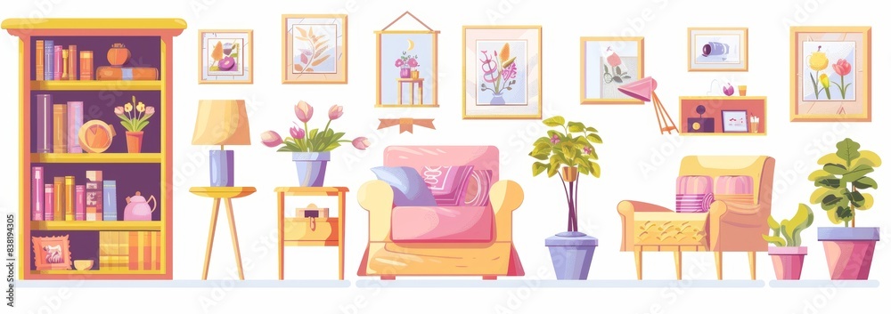 Interior furniture and decorative elements of a living room - pink ottoman and pillows, armchair and plants in flowerpot, table and lamp, aroma candles and wall pictures. Cartoon modern illustration