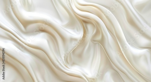 White yogurt, milk, or cream texture on silk fabric. Modern realistic illustration of liquid yoghurt, dairy product, or cosmetic creme.