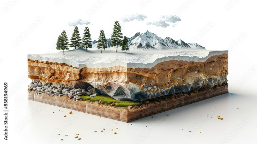 Detailed cross-section of soil layers beneath a picturesque landscape with mountains, trees, and grassy terrain.
Detailed cross-section of soil layers beneath a picturesque landscape with mountains, trees, and grassy terrain.