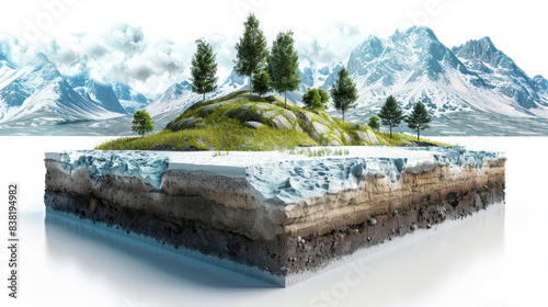 Detailed cross-section of soil layers beneath a picturesque landscape with mountains, trees, and grassy terrain.
