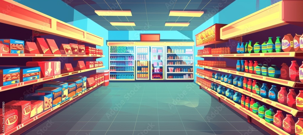 Merchandise in hypermarket with display shelf full of products for sale. Modern background of an aisle in a grocery store with shelves of food. Supermarket interior background perspective view.