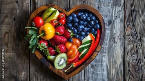 Artistic arrangement of fruits and vegetables in a heart-shaped dish  capturing the essence of healthy living and dietary choices