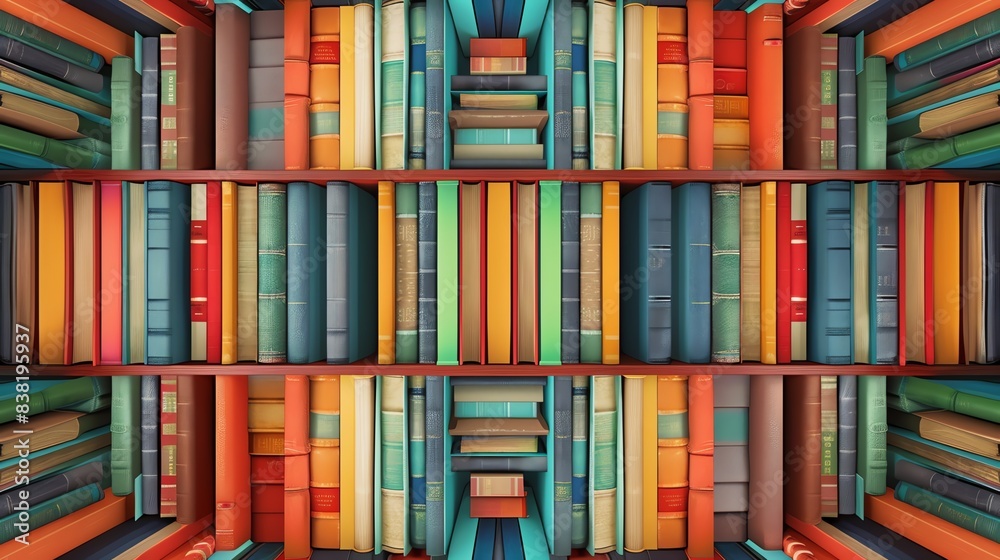 Colorful bookshelf filled with numerous vibrant books, creating a visually striking and symmetrical library scene, perfect for literature themes. Colorful bookshelf filled with numerous vibrant books, creating a visually striking and symmetrical library scene, perfect for literature themes.