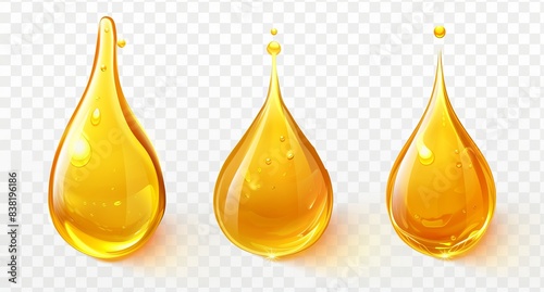 Set of gold honey or yellow argan oil modern droplets. Isolated realistic 3D yellow serum liquid drop stain with bubble top view. Keratin cosmetic fluid puddle illustration on transparent background.