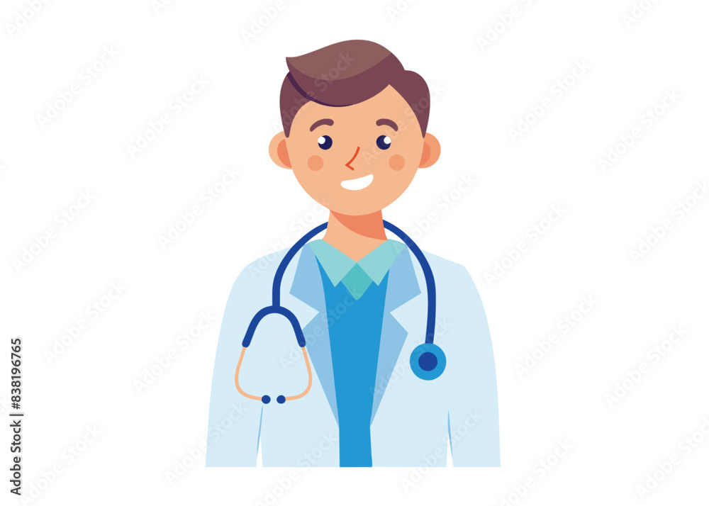 Portrait of smiling doctor or health worker in medical uniform with stethoscope. Avatar of young physician in coat. Colored flat cartoon vector illustration of medic specialist isolated on white. Portrait of smiling doctor or health worker in medical uniform with stethoscope. Avatar of young physician in coat. Colored flat cartoon vector illustration of medic specialist isolated on white.
