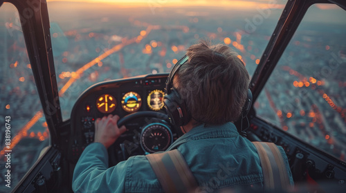 Pilot Controlling Airplane During Sunset Takeoff, City Lights in Background photo