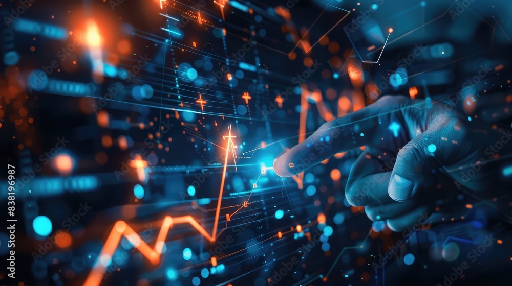 Close-up of a hand gesturing towards a digital chart arrow pointing upwards, illustrating success and improvement in performance