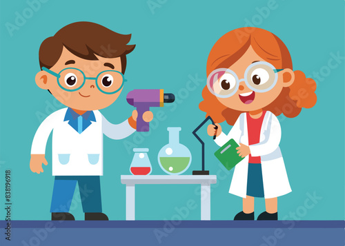 cute little kid boy and girl do research in the lab.