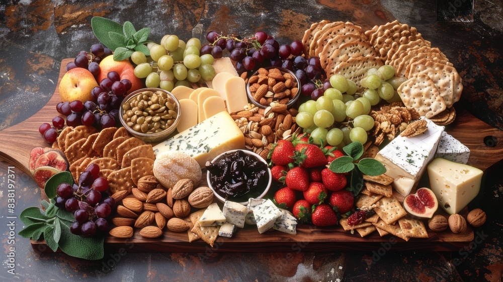 Exquisite Gourmet Cheese Board with a Variety of Nuts, Fresh Fruits, and Artisan Crackers for Fine Dining Experience Exquisite Gourmet Cheese Board with a Variety of Nuts, Fresh Fruits, and Artisan Crackers for Fine Dining Experience