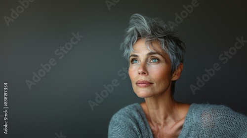 Close-Up Portrait of a Gray-Haired Senior Woman Looking Away Thoughtfully