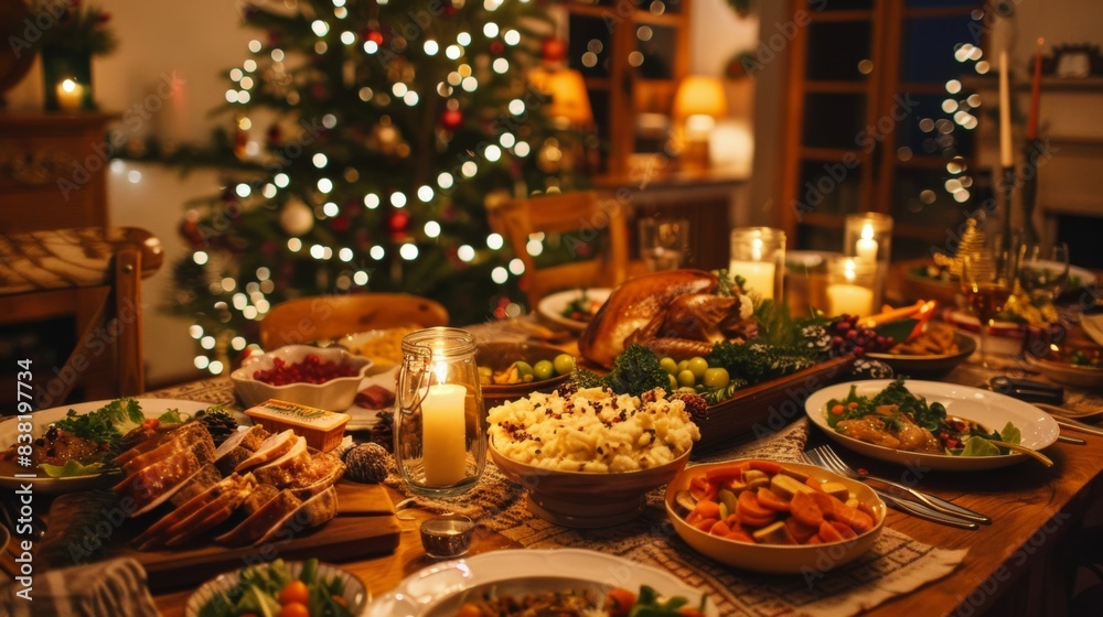 A warm and cozy New Year's Eve family feast. A large wooden table is set with a variety of delicious dishes, including roasted turkey