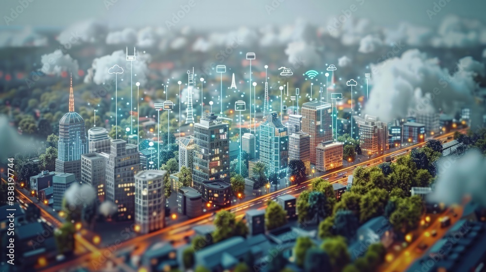 Smart City Infrastructure: Depict smart city infrastructure with connected public services, advanced transportation systems