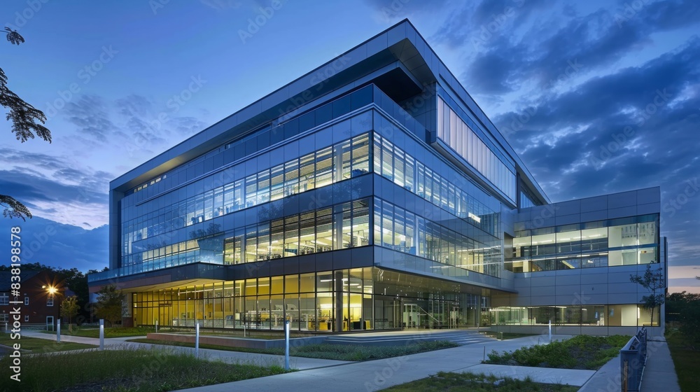 Development of a high-tech research center, featuring advanced laboratories and collaborative spaces, showcasing modern design in a university campus environment, emphasizing innovation Development of a high-tech research center, featuring advanced laboratories and collaborative spaces, showcasing modern design in a university campus environment, emphasizing innovation