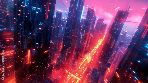 Generate an electrifying urban scene merging geometry and neon lights