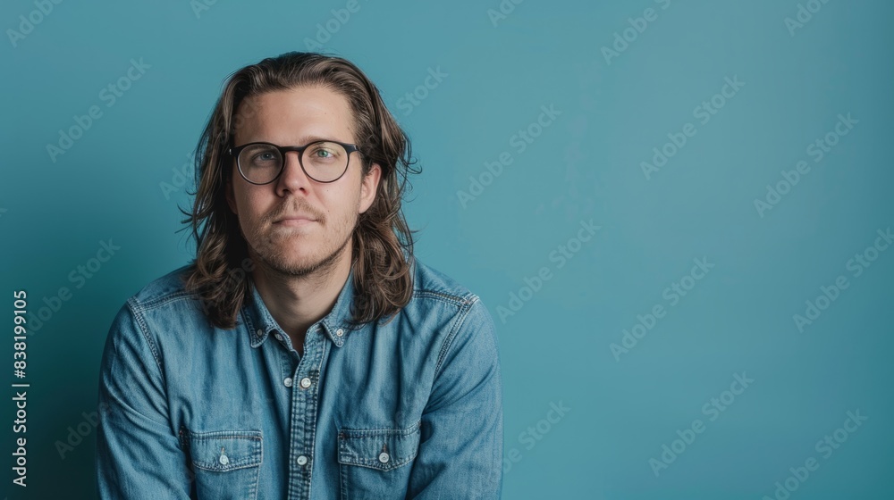 man with long hair, glasses and a denim shirt generative ai