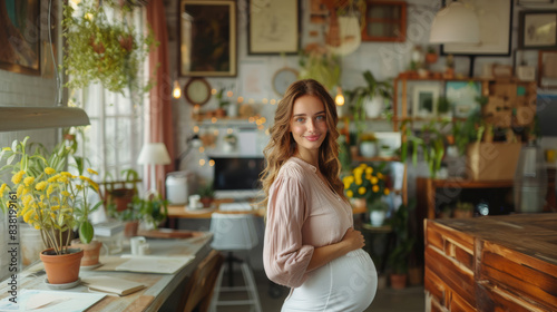 Pregnant Woman Smiling in a Cozy Home Office with Plants and Artwork