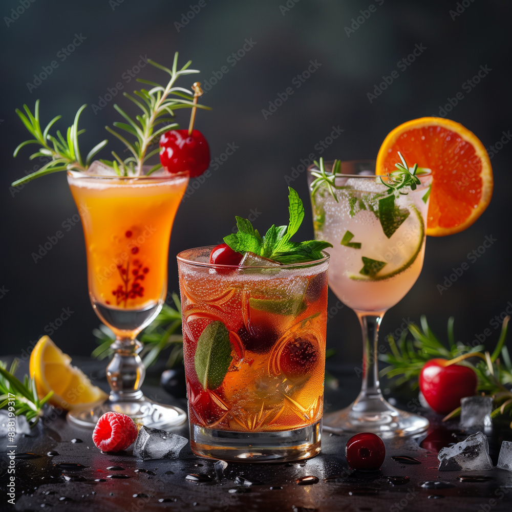 Fototapeta premium Three drinks with garnishes on the side, including a cherry and a lemon. The drinks are in different glasses, and the table is covered with raspberries and ice