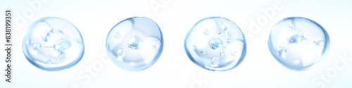Molecules inside bubbles. Collagen serum drops. Cosmetic liquid, essence bubble. Concept skin care cosmetics solution. Vector 3d illustration