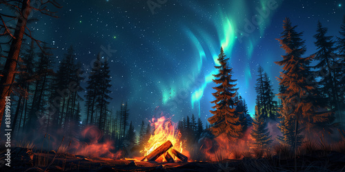 A campfire in the forest under starry sky with northern lights  realistic  detailed  illustration  high resolution  high detail  HDR  3d rendering