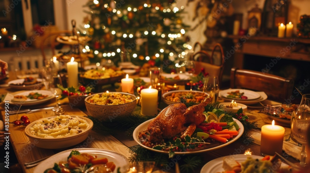 Fototapeta premium A warm and cozy New Year's Eve family feast. A large wooden table is set with a variety of delicious dishes, including roasted turkey