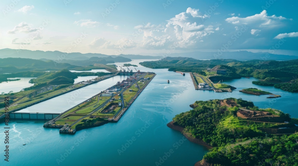Obraz premium Expansion of the Panama Canal, featuring massive locks and waterways, showcasing engineering marvels in a tropical environment, emphasizing global trade and infrastructure.