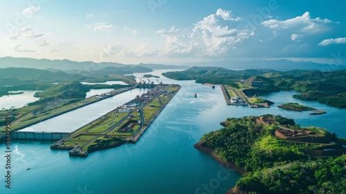 Expansion of the Panama Canal, featuring massive locks and waterways, showcasing engineering marvels in a tropical environment, emphasizing global trade and infrastructure.  photo