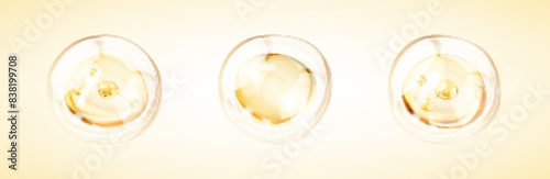 Golden collagen serum drops. Molecule inside bubble on yellow background. Concept skin care cosmetics solution. Vector illustration
