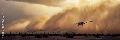 Small airplane flying in front of a dust storm