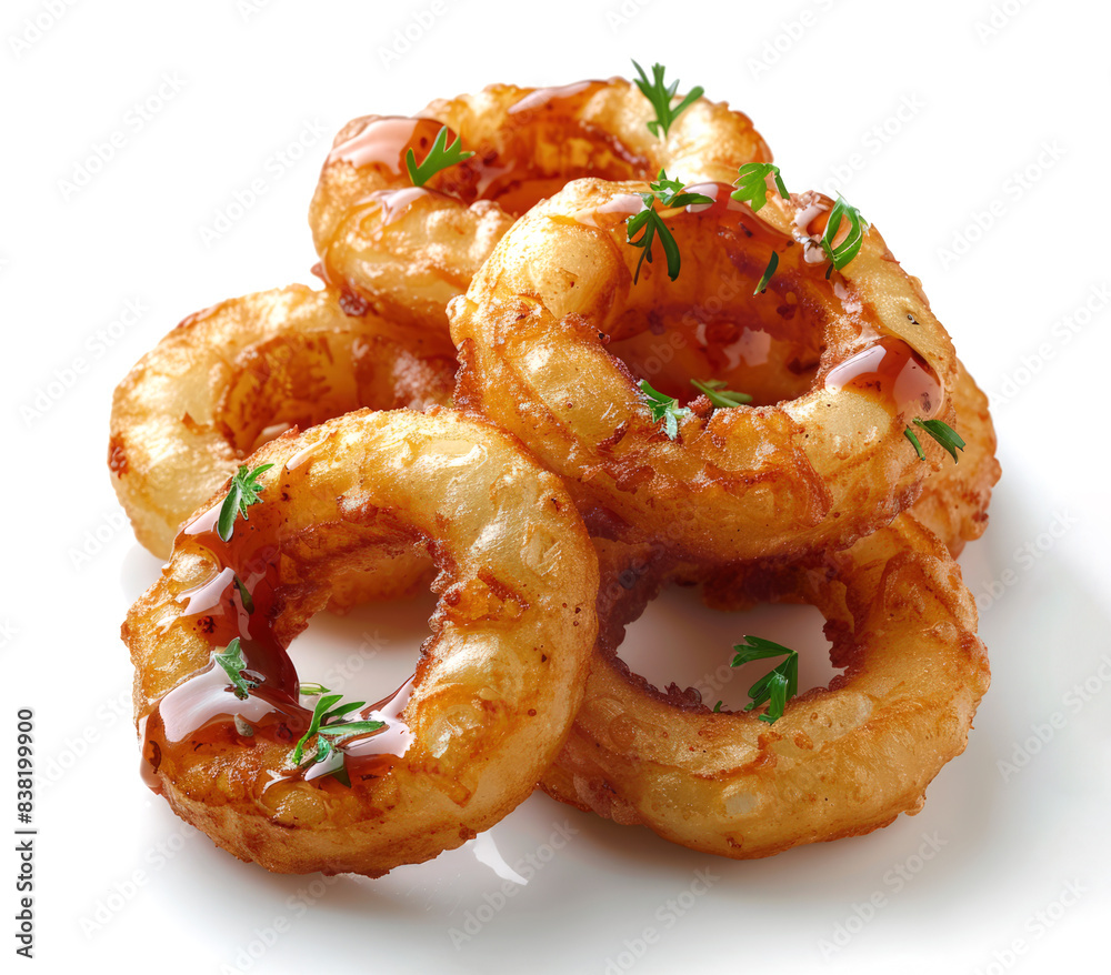 Fried onion rings sprinkled with ketchup isolated on white background, fast food Fried onion rings sprinkled with ketchup isolated on white background, fast food