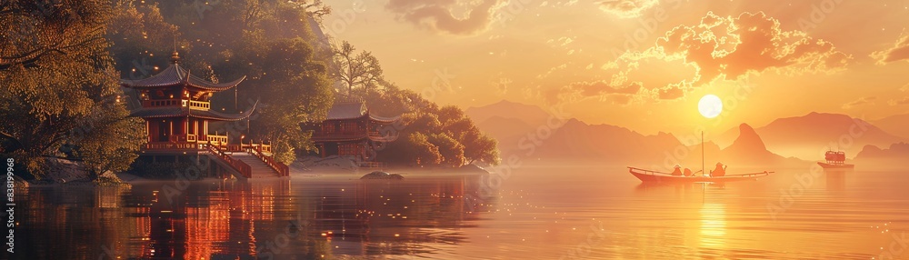 Obraz premium Historic temple at sunset with golden reflections on water, warm colors, photorealistic, tranquil and serene atmosphere 8K , high-resolution, ultra HD,up32K HD