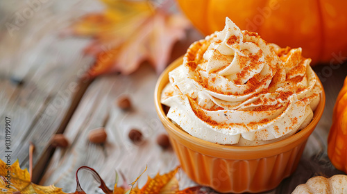 The image shows a delicious pumpkin pie topped with whipped cream, creating a mouth-watering treat to indulge in.