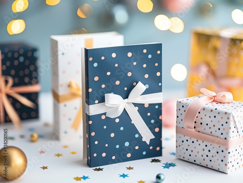 Close up of gift boxes with polka dot wrapping paper and white ribbons. photo