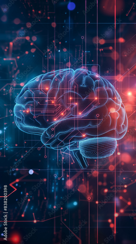 Obraz premium Photograph a stylized representation of a human brain with circuitry or digital elements integrated, symbolizing the concept of artificial intelligence and machine learning. This image combines biolog
